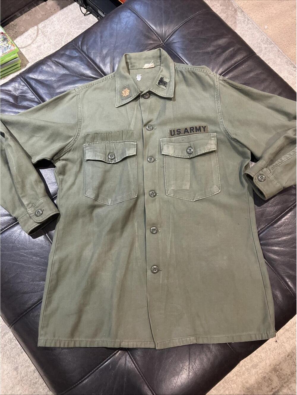 Vintage US Army OG-107 Utility Shirt Vietnam Era Patches 15.5 X 33